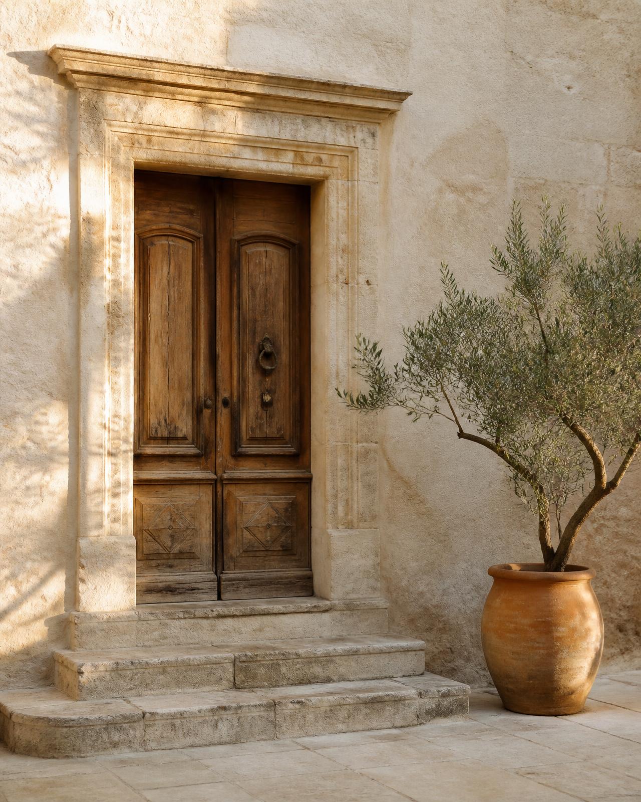 Porte ancienne d’un mas provençal en pierre blonde